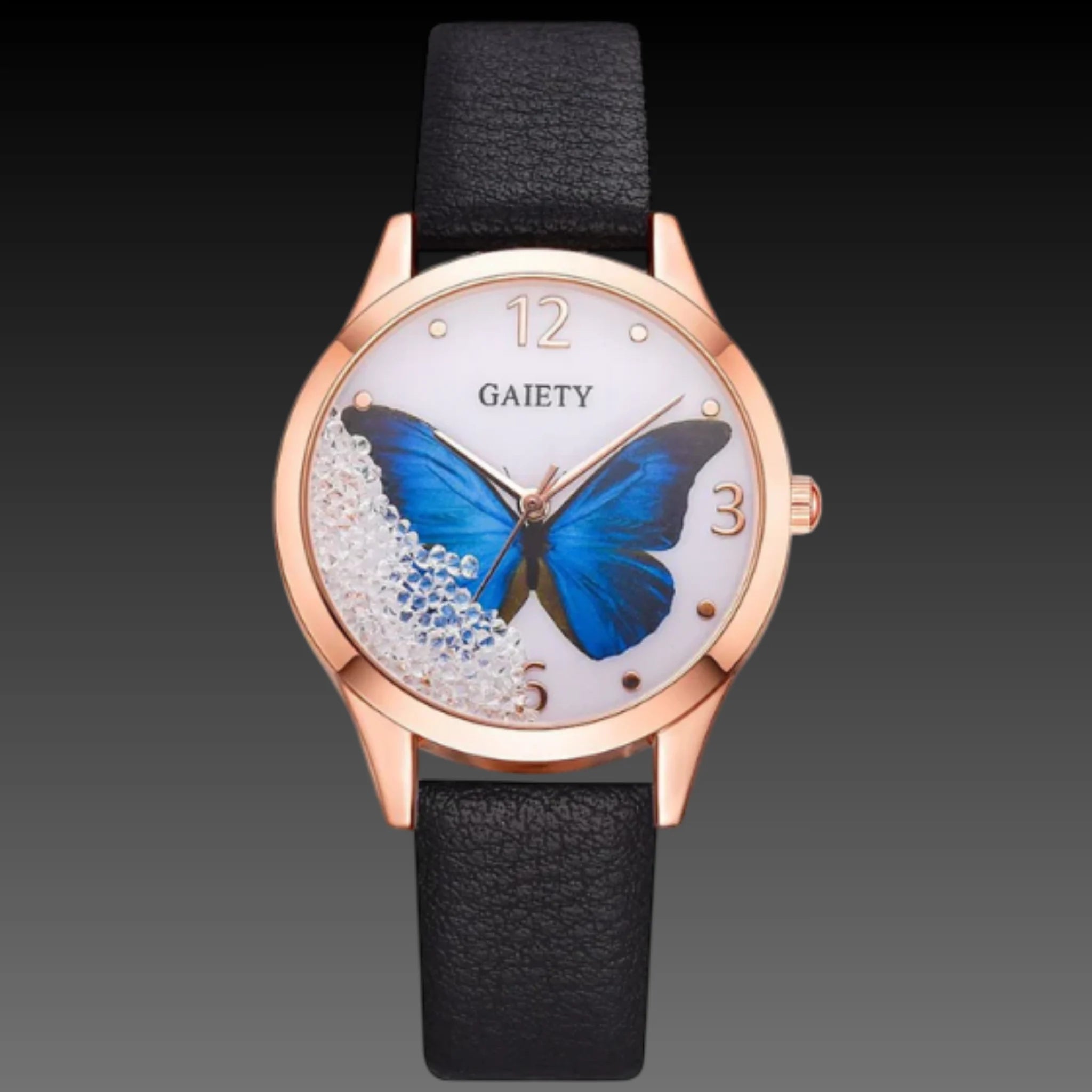 Women's Butterfly Charm Watch | Rhinestone Leather Strap | 39mm Fashion Dial