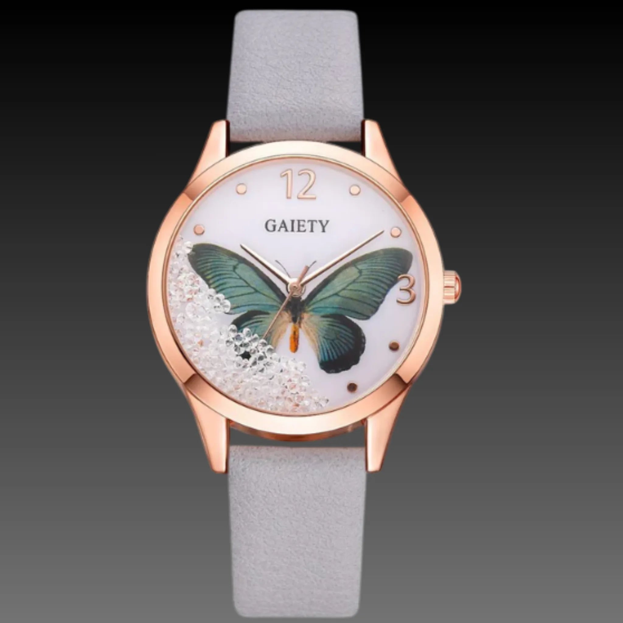 Women's Butterfly Charm Watch | Rhinestone Leather Strap | 39mm Fashion Dial