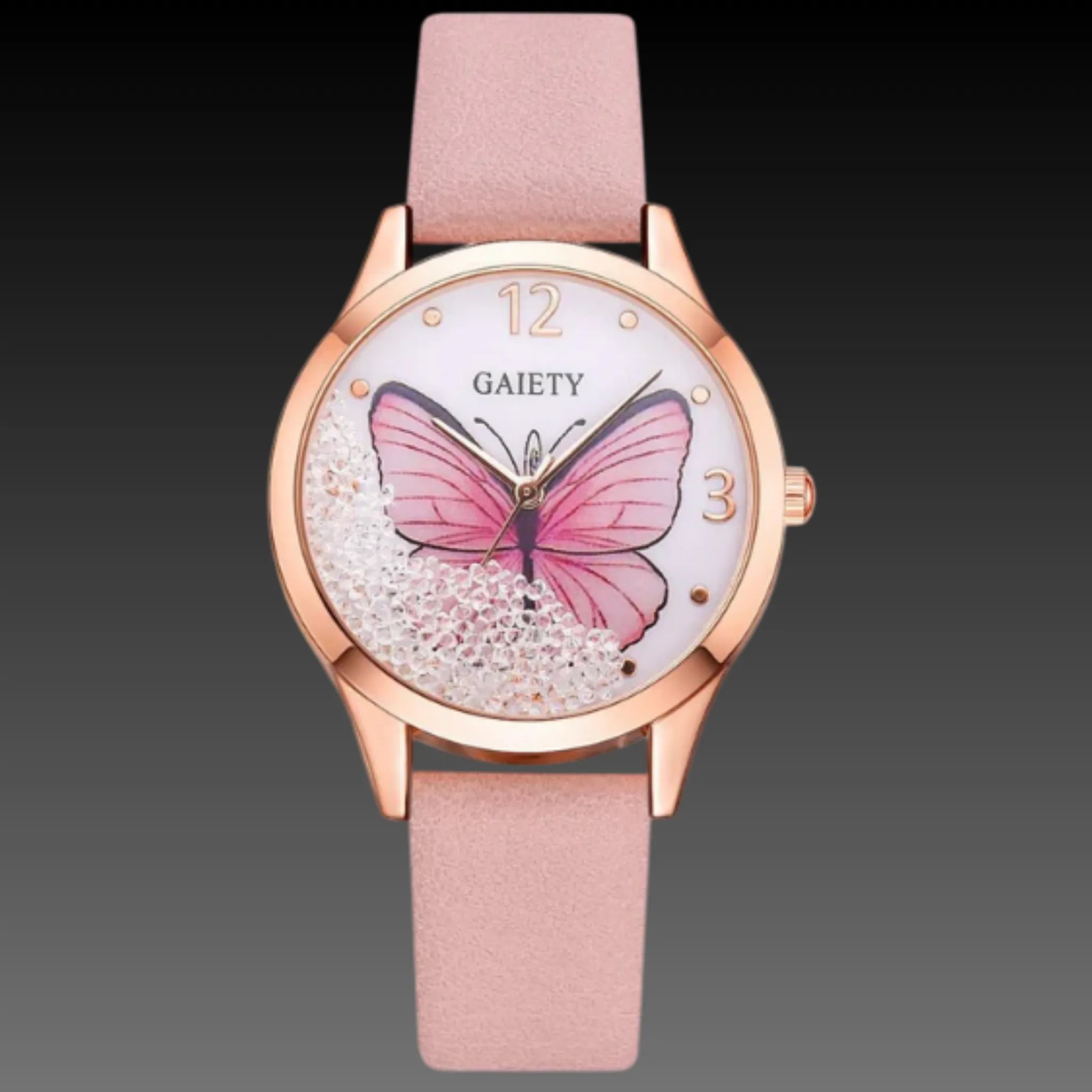 Women's Butterfly Charm Watch | Rhinestone Leather Strap | 39mm Fashion Dial