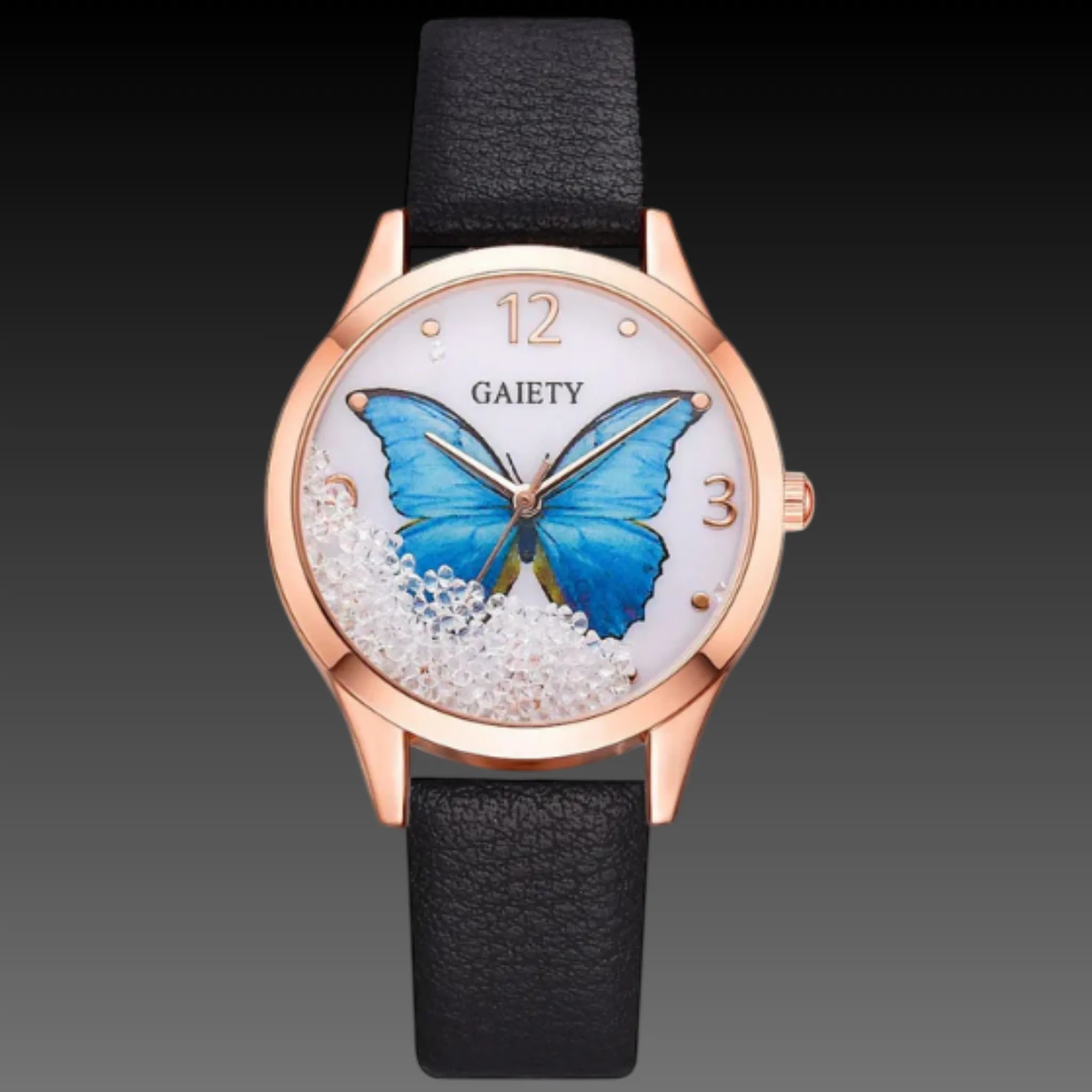 Women's Butterfly Charm Watch | Rhinestone Leather Strap | 39mm Fashion Dial
