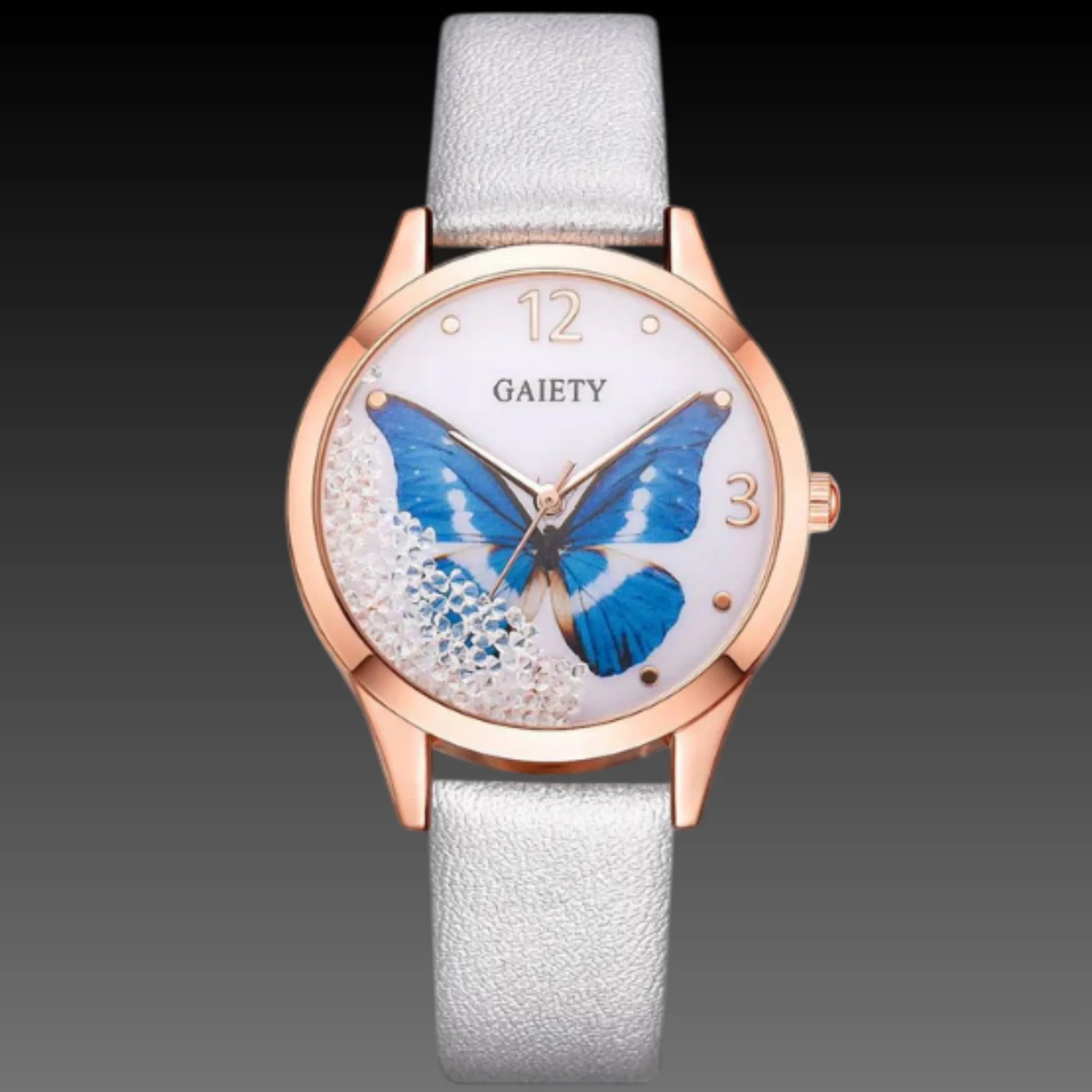 Women's Butterfly Charm Watch | Rhinestone Leather Strap | 39mm Fashion Dial