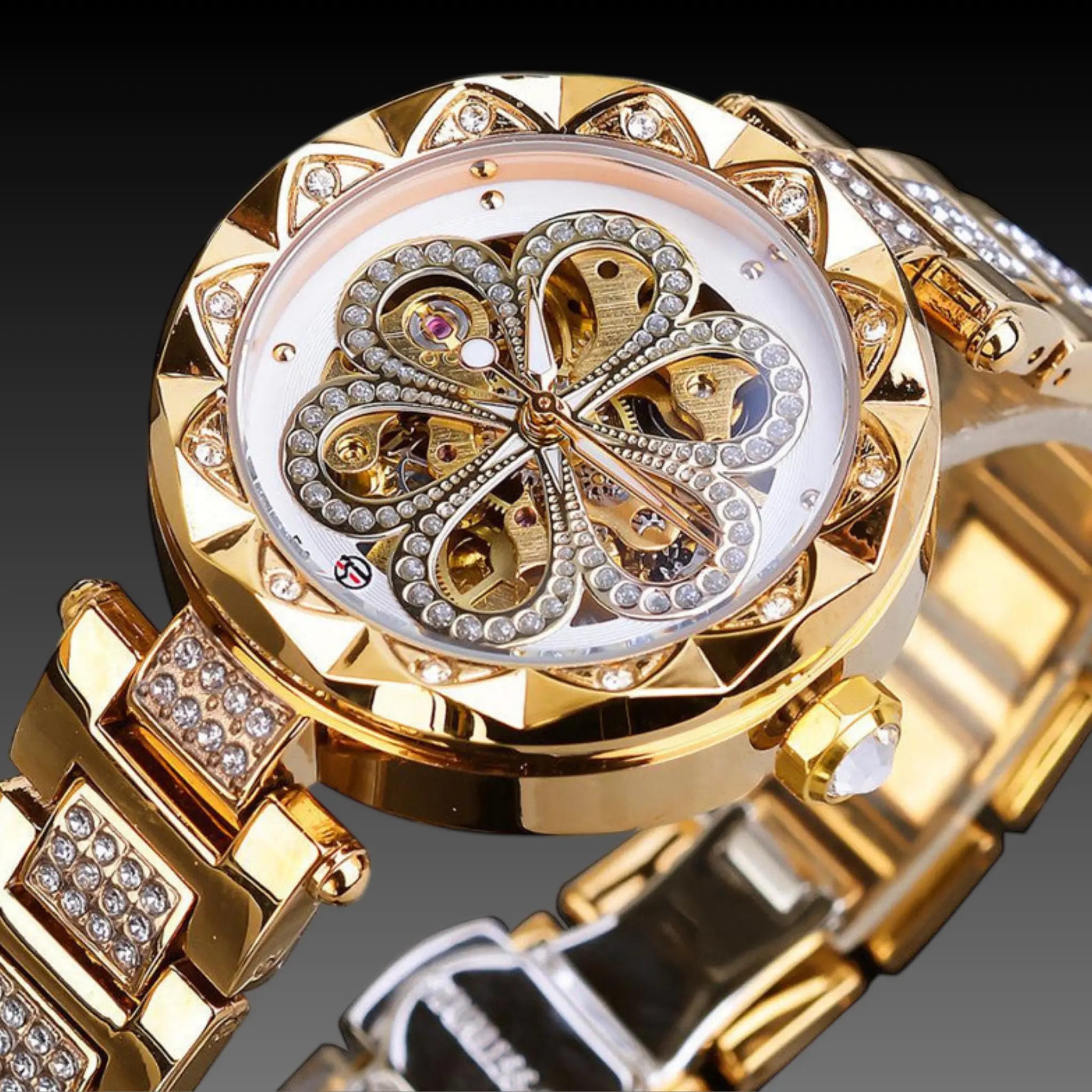 Women's 37mm Skeleton Automatic Watch: Crystal Bezel | Rose Gold | No Battery