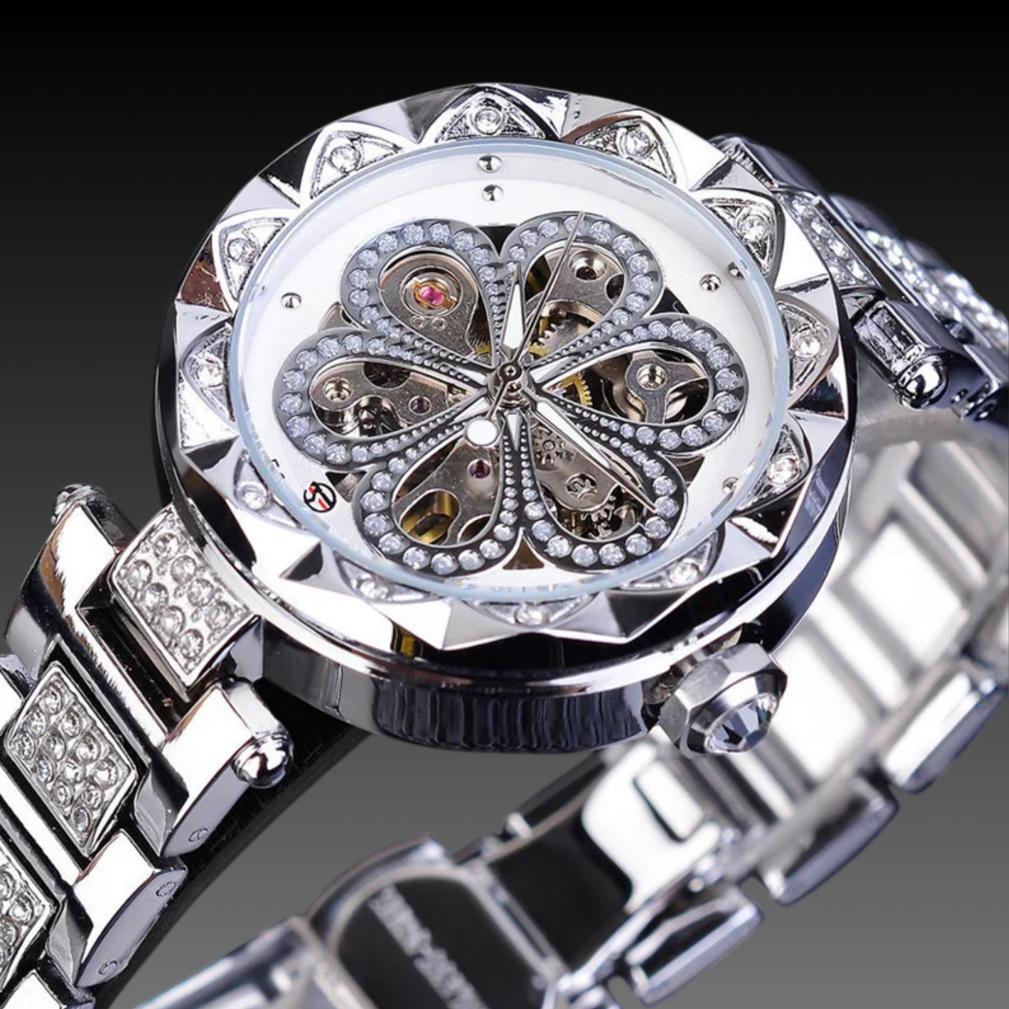 Women's 37mm Skeleton Automatic Watch: Crystal Bezel | Rose Gold | No Battery