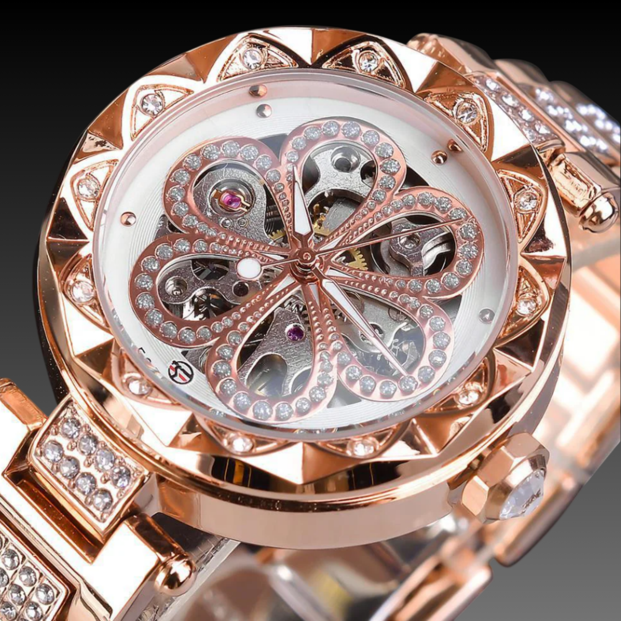 Women's Luxury Skeleton Automatic Watch | Crystal Bezel & Stainless Steel Strap