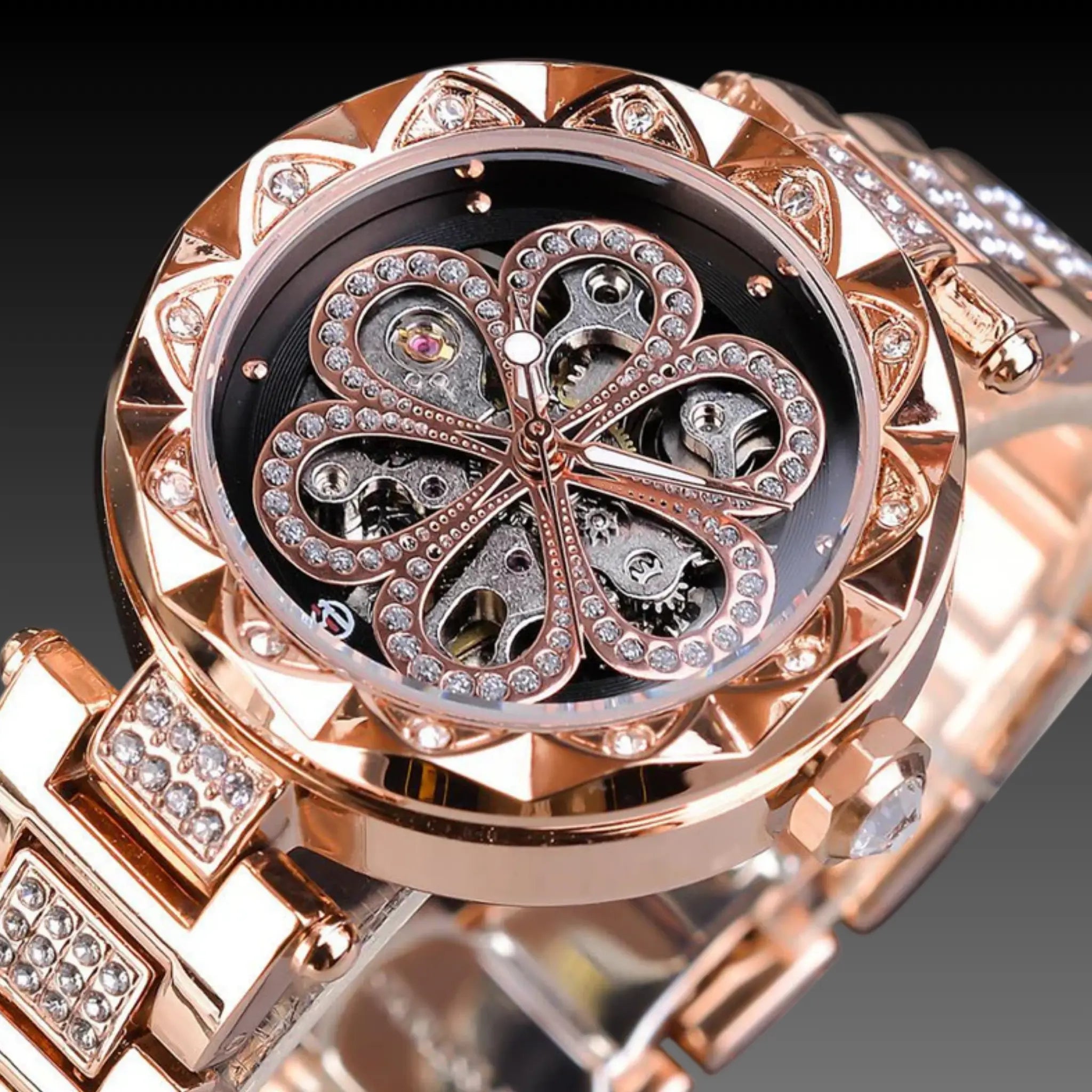 Women's Luxury Skeleton Automatic Watch | Crystal Bezel & Stainless Steel Strap