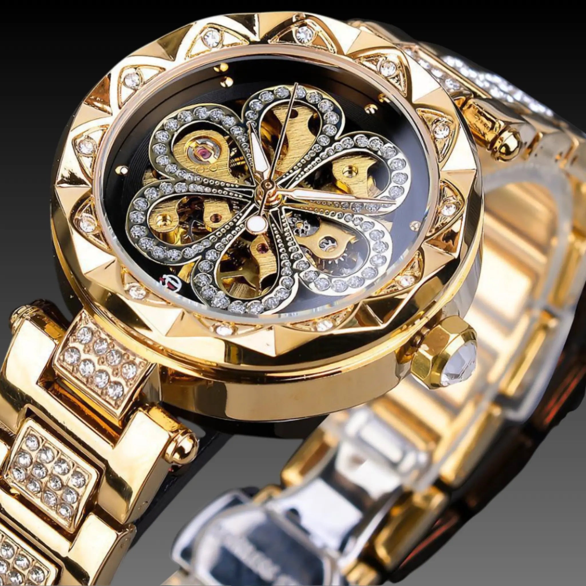 Women's 37mm Skeleton Automatic Watch: Crystal Bezel | Rose Gold | No Battery