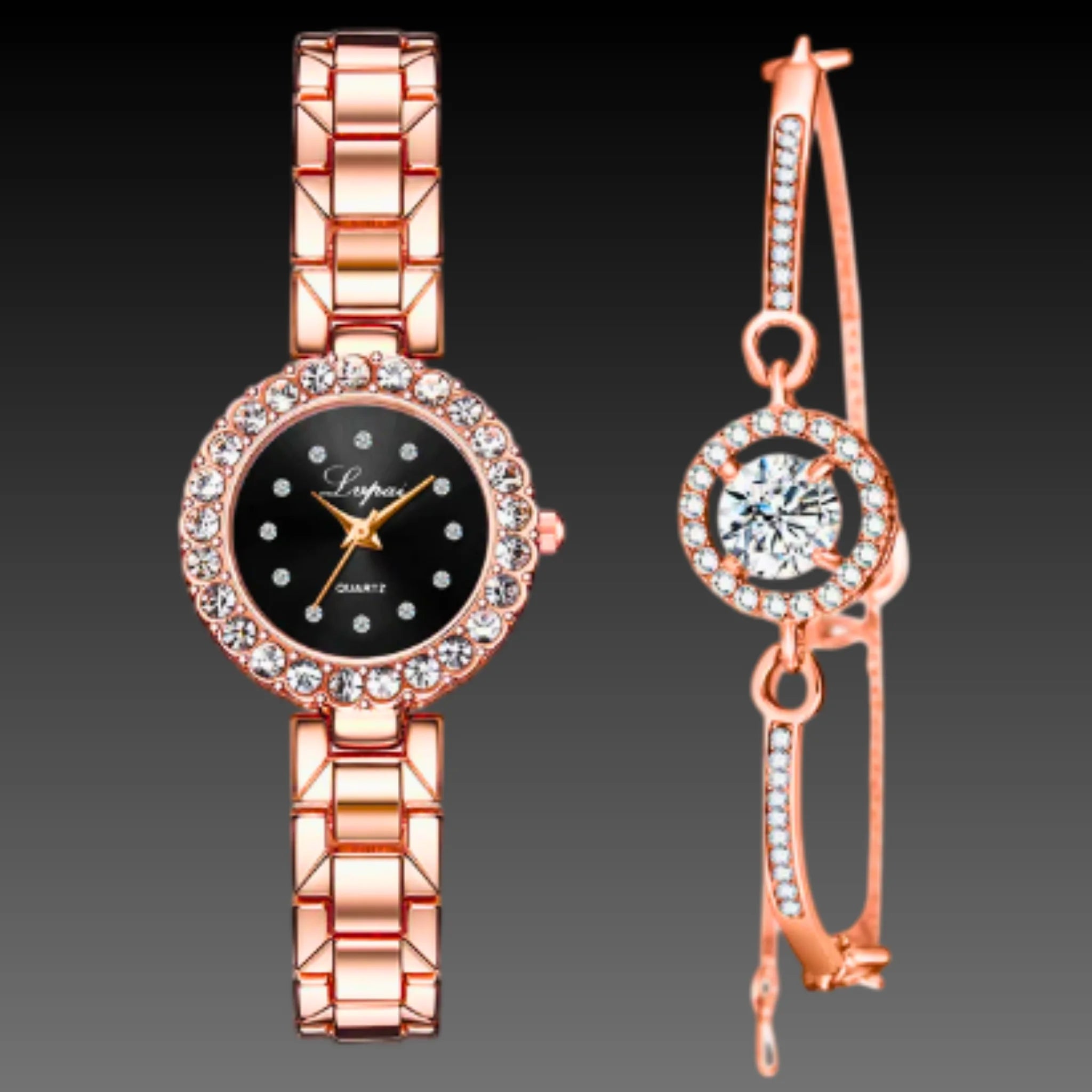 Women's Petite Watch & Bracelet Set | Rose Gold Stackable Jewelry | Small 21mm Dial