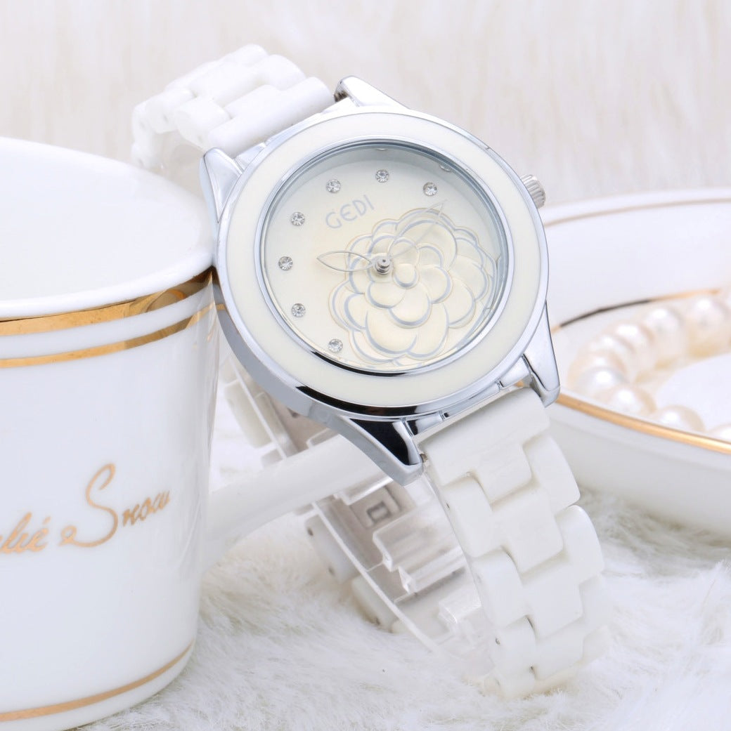 Luxury Ceramic Ladies Watch: 36mm Crystal Bezel | High-Gloss Bracelet | Butterfly Clasp