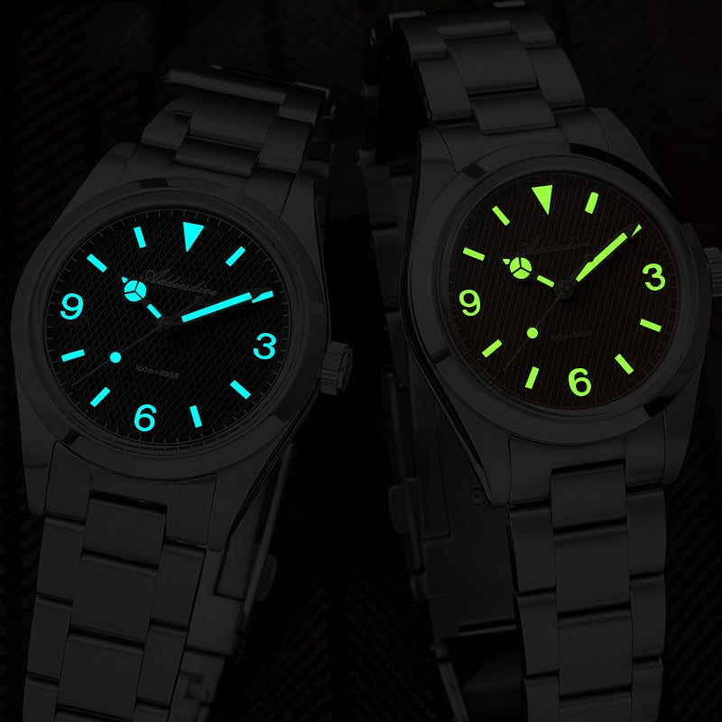 36mm Vintage Explorer Style Watch: Sweep Second Quartz | 100M Waterproof | K1 Bubble Glass