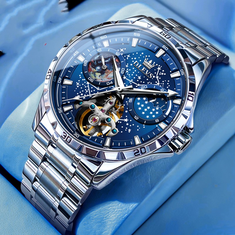 Men's Starry Sky Mechanical Watch – Skeleton Hollow Automatic with Transparent Caseback