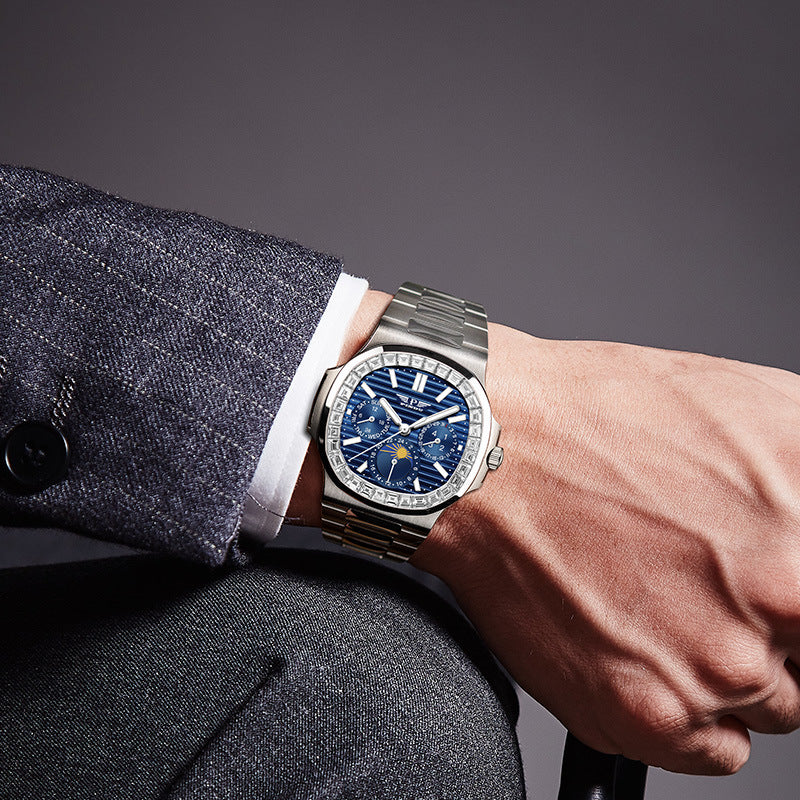 Men's Diamond Blue Face Square Watch – Large 44mm Luxury Chronograph Style Timepiece