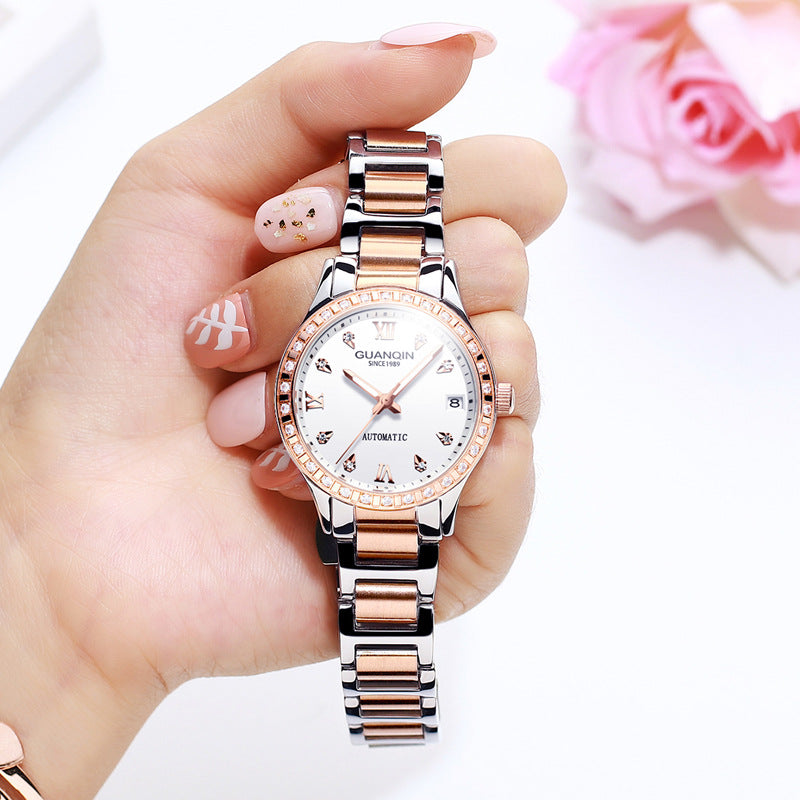 Ladies Titanium Mechanical Watch: 33mm Ceramic Strap | Diamond Bezel | Skeleton Dial