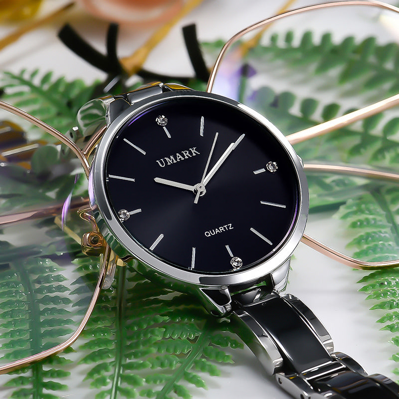 Ladies Ceramic Diamond Quartz Watch – Luxury Waterproof Wristwatch with Scratch-Resistant Strap & Slim 34mm Dial