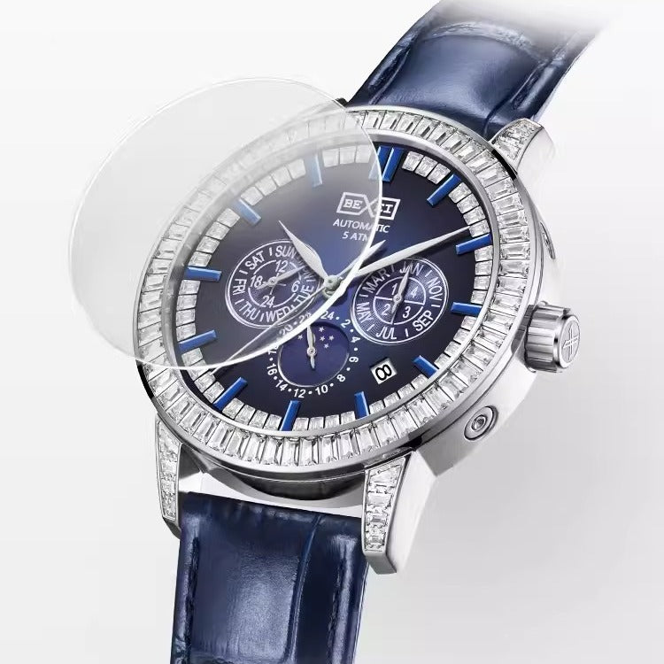 Men's Tonneau Skeleton Watch – 43mm x 52mm Barrel Case with 10mm Slim Profile (Blue)