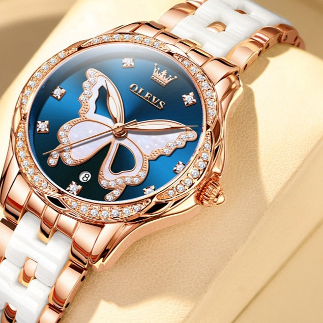 Luminous Water-resistant Ceramic-band Quartz Watch For Women