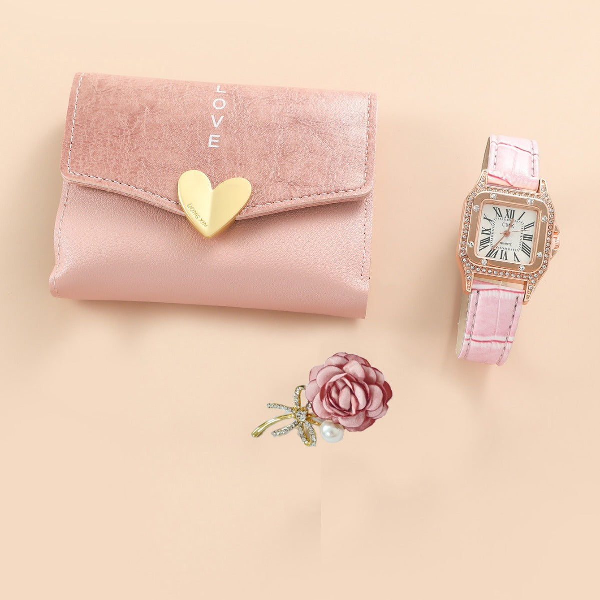 Luxury 4-Piece Gift Set: Ladies Watch, Wallet, Belt & Brooch | 8mm Slim | Pink Box Edition