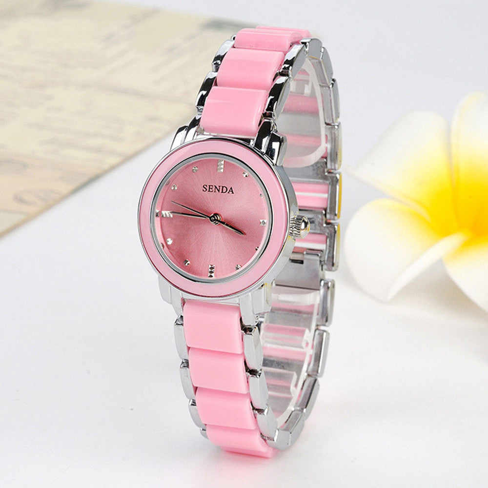 Slim Ceramic-Look Bracelet Watch: 26mm Petite Dial | Glossy Articulated Links | Jewelry Clasp