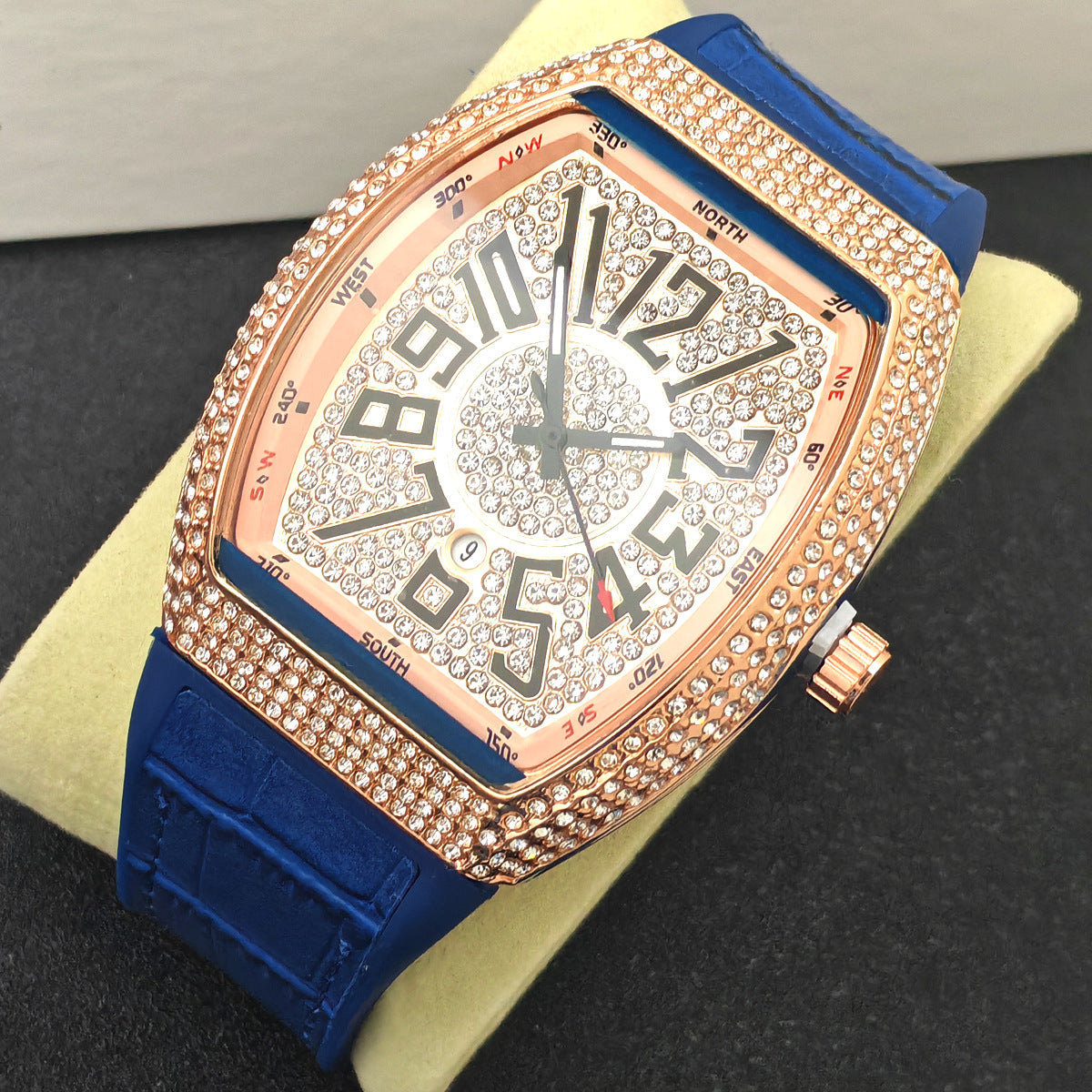 Barrel-shaped Minimalist Wristwatch Leather Strap Diamond Accents Quartz Watch