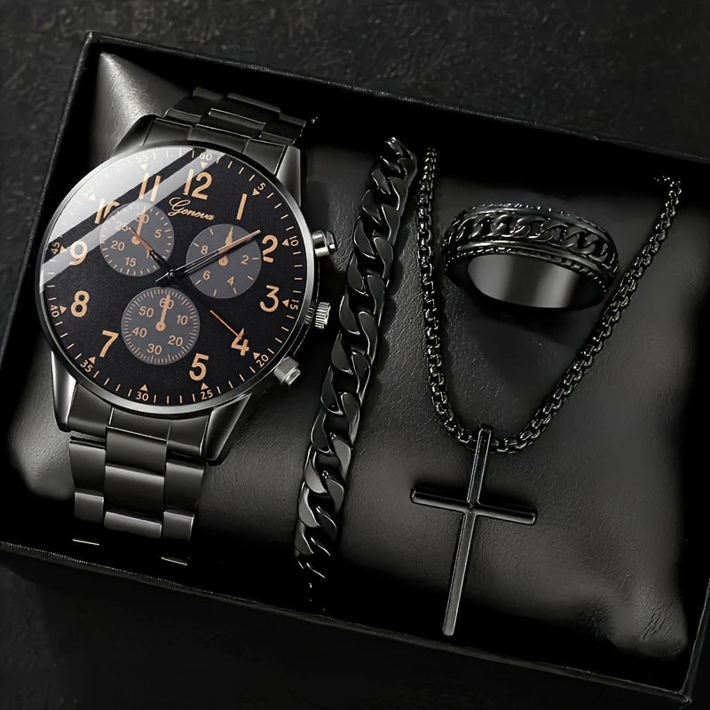Mens Quartz Watch Necklace  Bracelet And Ring 4-Piece Set