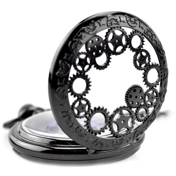 Vintage Gunmetal Skeleton Mechanical Pocket Watch – Steampunk Hollow Gear Design with Flip Cover & Heavy Duty Chain
