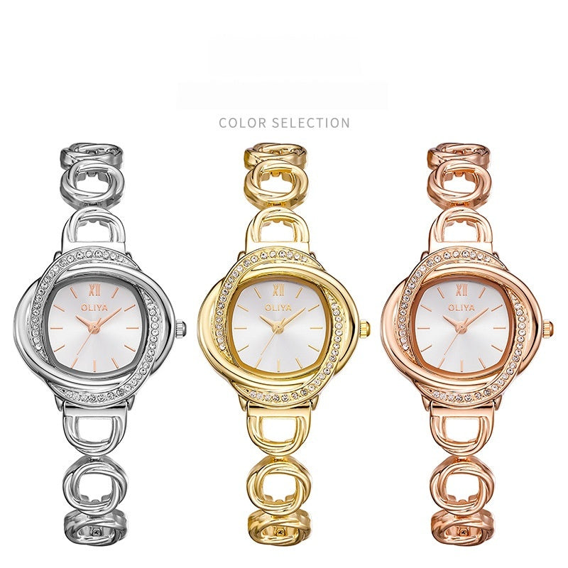 Luxury OLIYA Crystal Watch: Light Luxury Versatile | 9mm Slim Metal | Interlocking Link Bracelet