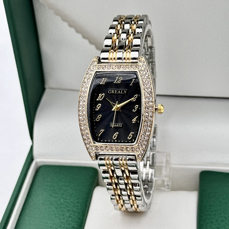 Step-by-step guide to adjusting a metal watch band by identifying link arrows, removing a bracelet link and securing the clasp.