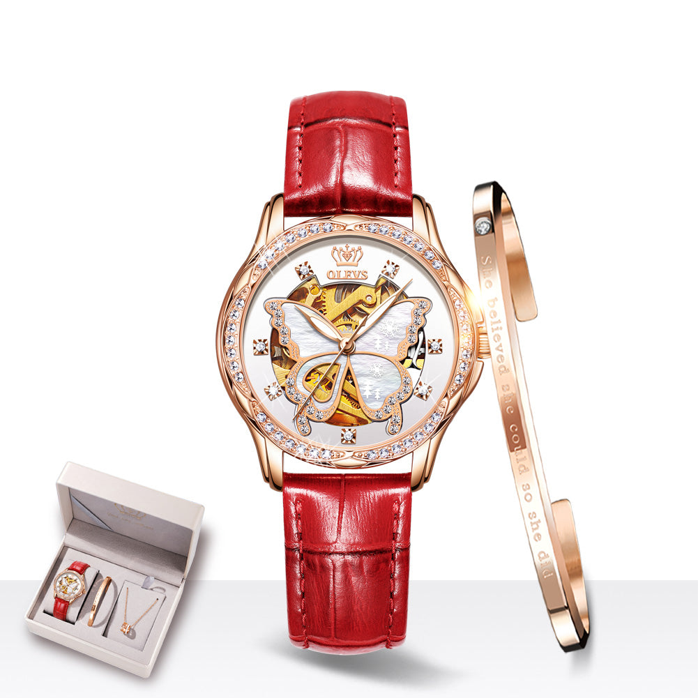 Ladies Automatic Watch Gift Set: 35mm Ceramic Strap | Open-Heart Skeleton | Matching Bracelet