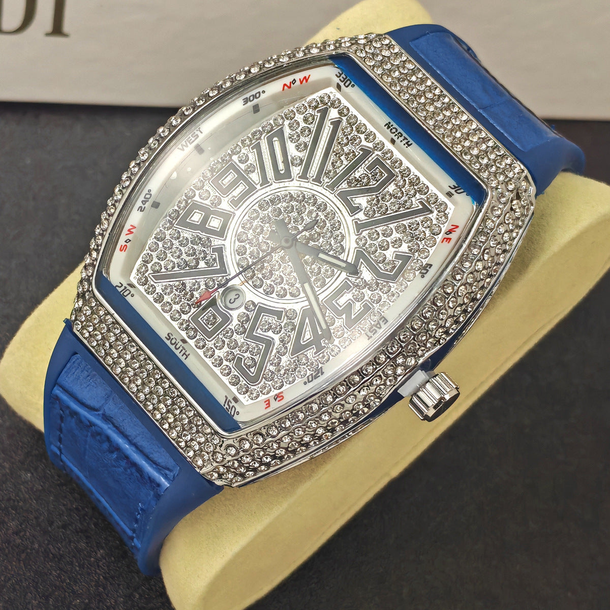 Barrel-shaped Minimalist Wristwatch Leather Strap Diamond Accents Quartz Watch