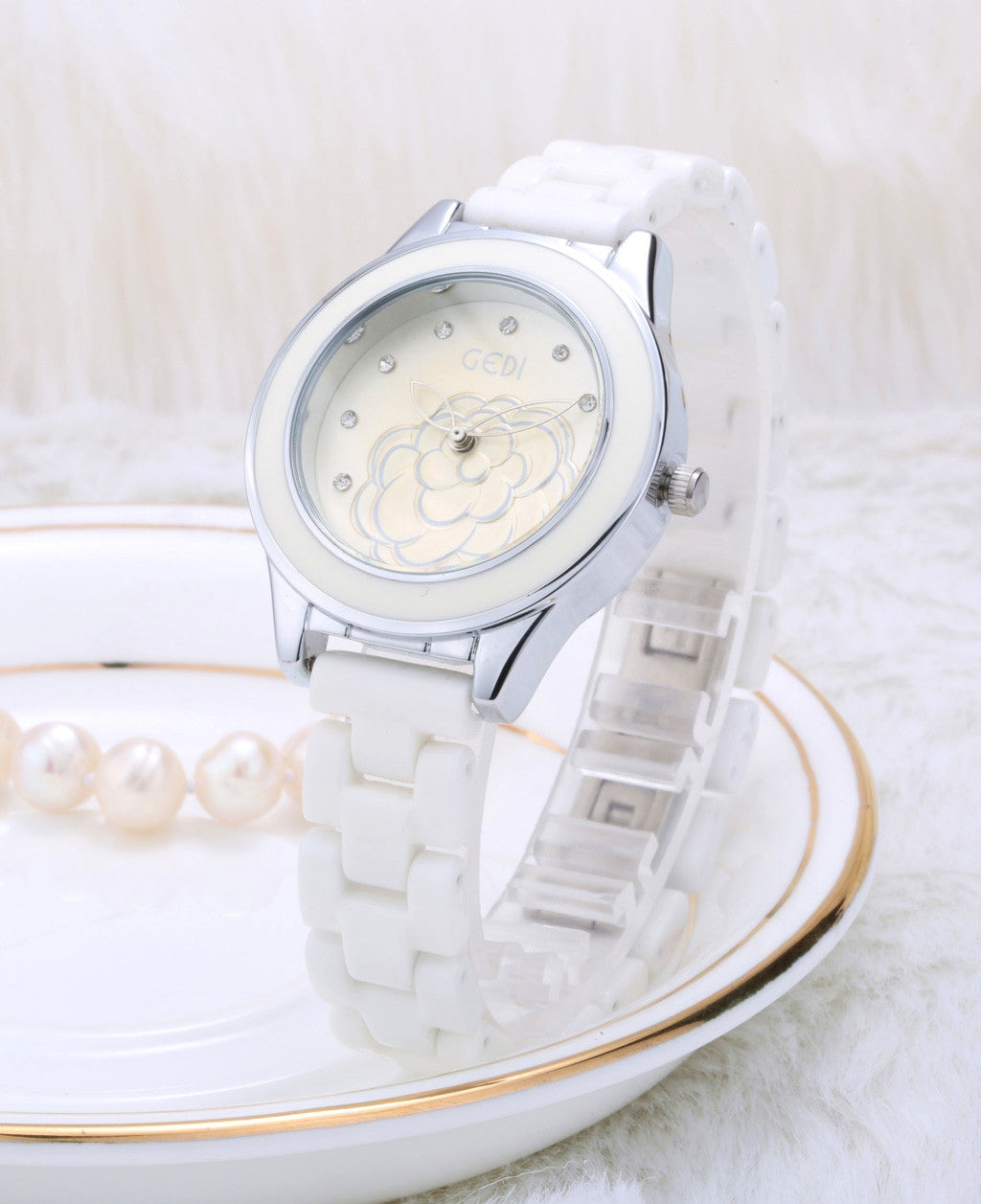 Luxury Ceramic Ladies Watch: 36mm Crystal Bezel | High-Gloss Bracelet | Butterfly Clasp
