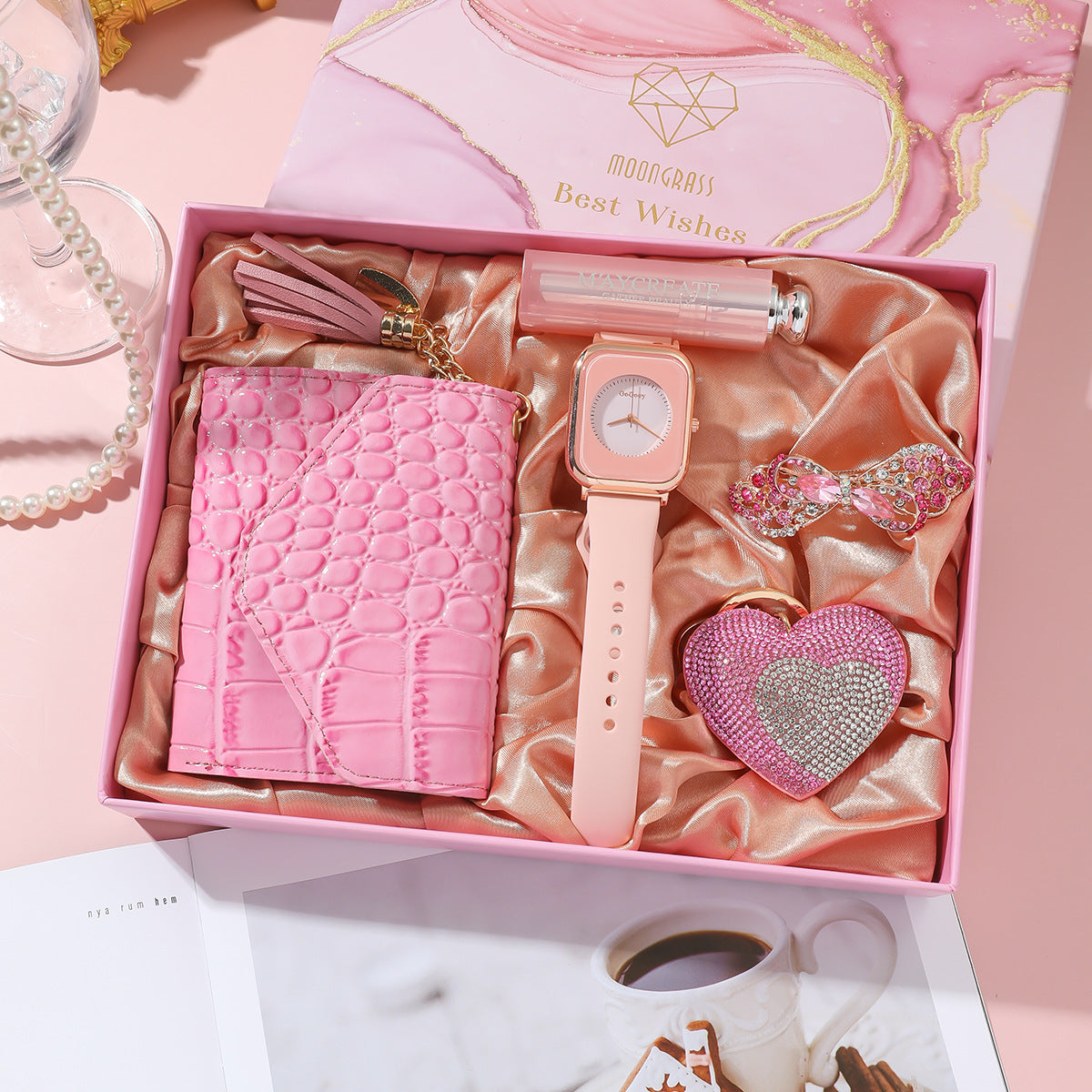 Luxury 5-Piece Gift Box: Watch + Wallet + Mirror + Key Chain + Brooch Set