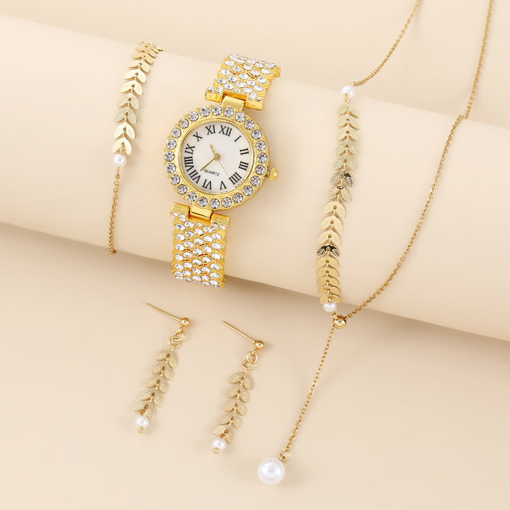 Women's 5-Piece Crystal Watch & Jewelry Gift Set | Necklace Earrings & Bracelet Included