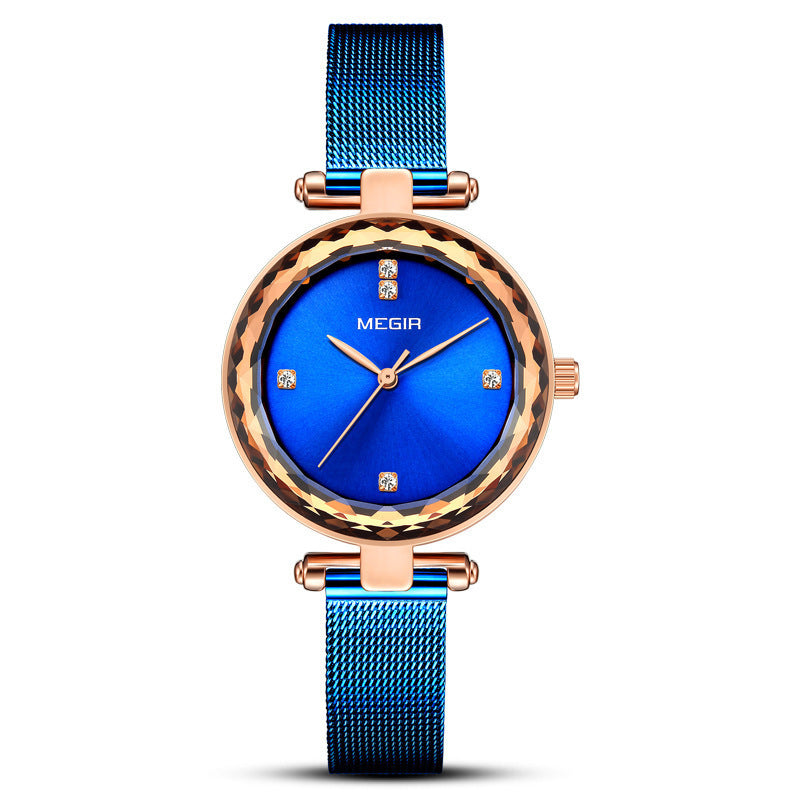 Stylish Cut-mirror Imported Movement Quartz Womens Watch With A Steel Band And Diamond Accents