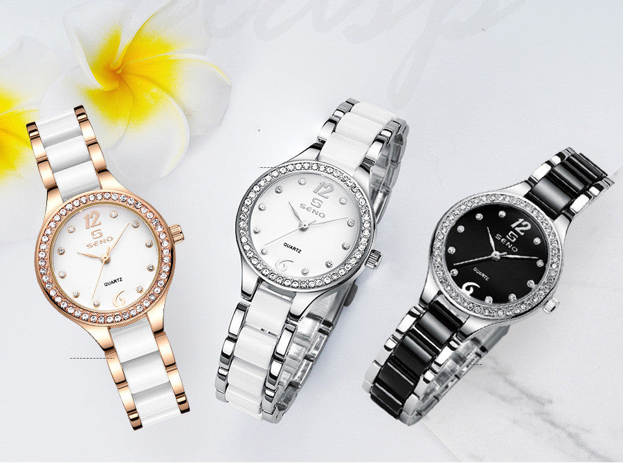 Luxury Ceramic-Style Link Watch: 30mm Elegant Dial | 9mm Slim | Jewelry Clasp