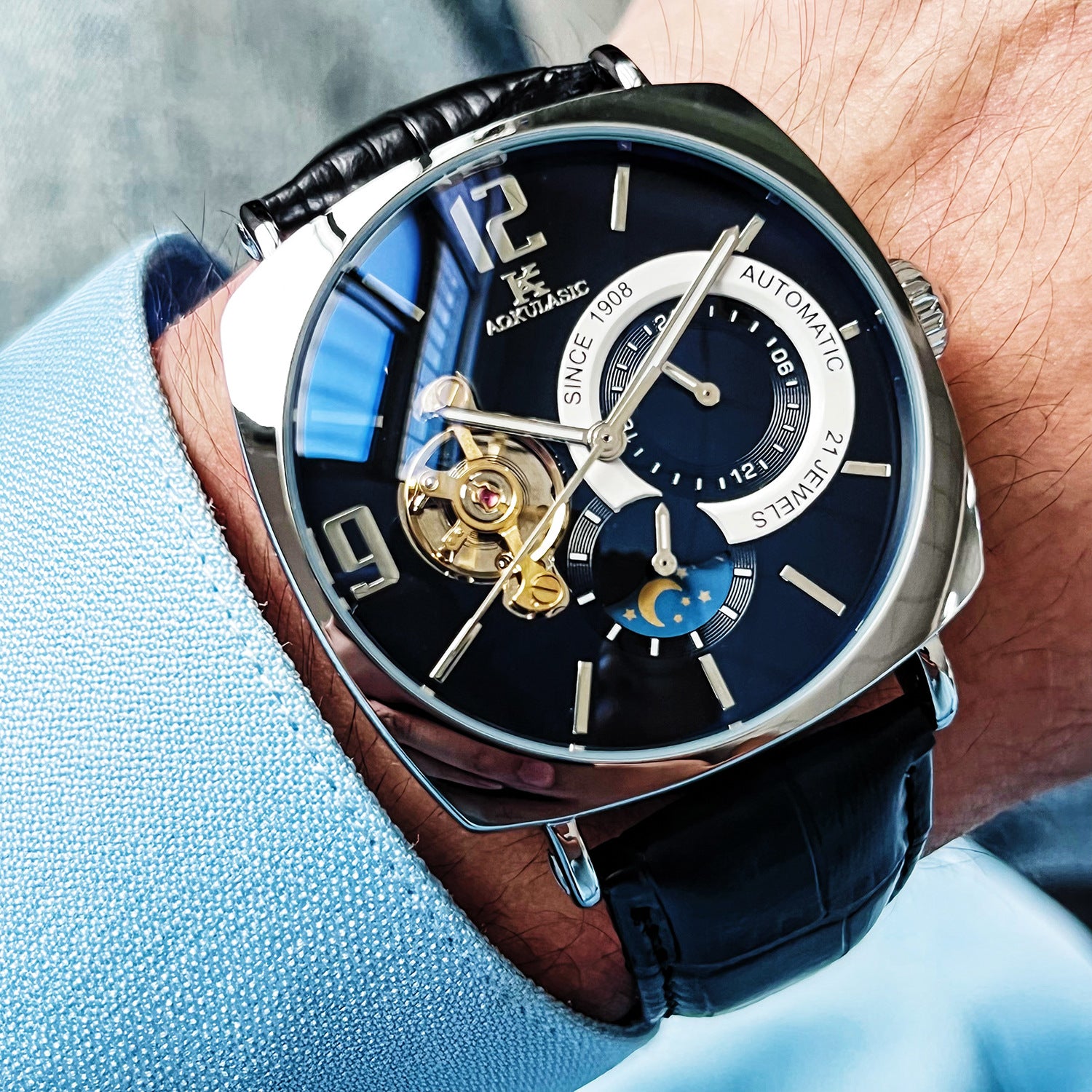 Mens Square Fully Automatic Mechanical Watch Casual Mens Wristwatch