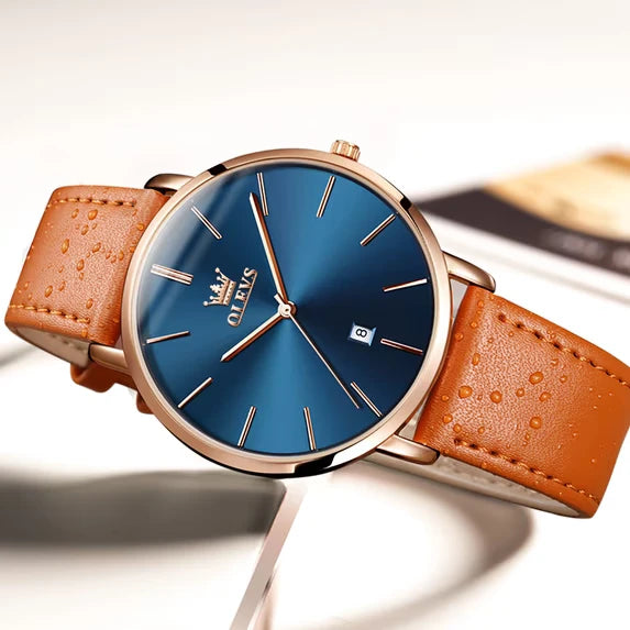 OLEVS Watches for Men Minimalist Ultra Thin Fashion Casual Analog Quartz Date Watch Waterproof Slim Simple Big Face Dress Mens Wrist Watches with Retro Leather Band for Men Reloj para Hombre