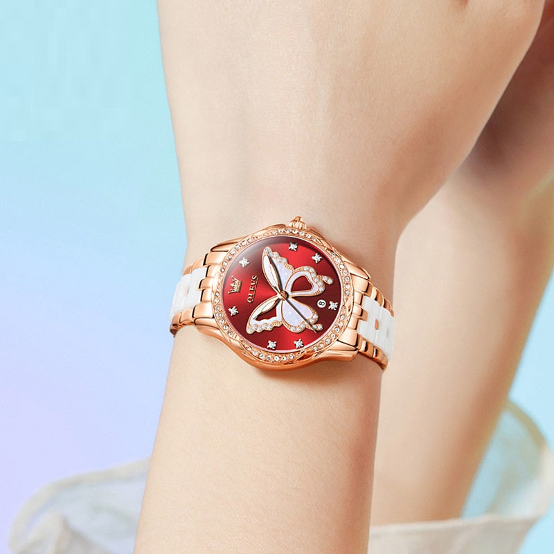 Luminous Water-resistant Ceramic-band Quartz Watch For Women