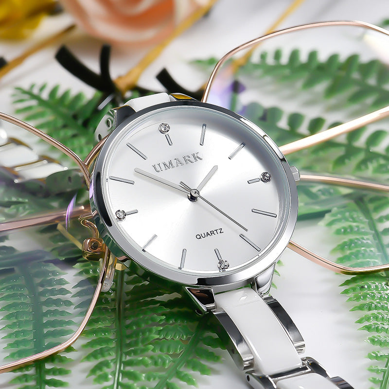 Ladies Ceramic Diamond Quartz Watch – Luxury Waterproof Wristwatch with Scratch-Resistant Strap & Slim 34mm Dial