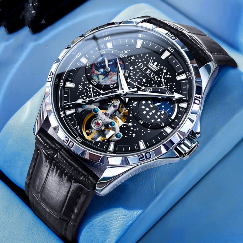 Men's Starry Sky Mechanical Watch – Skeleton Hollow Automatic with Transparent Caseback