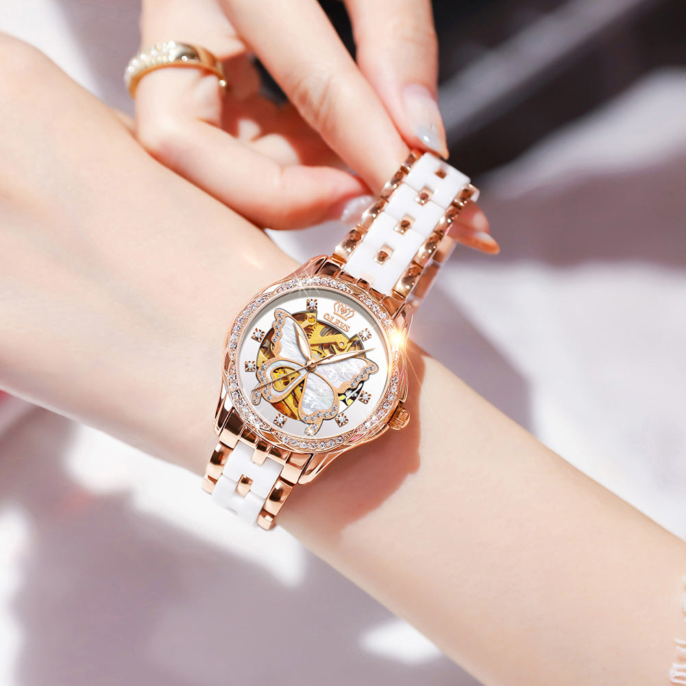 Ladies Automatic Watch Gift Set: 35mm Ceramic Strap | Open-Heart Skeleton | Matching Bracelet