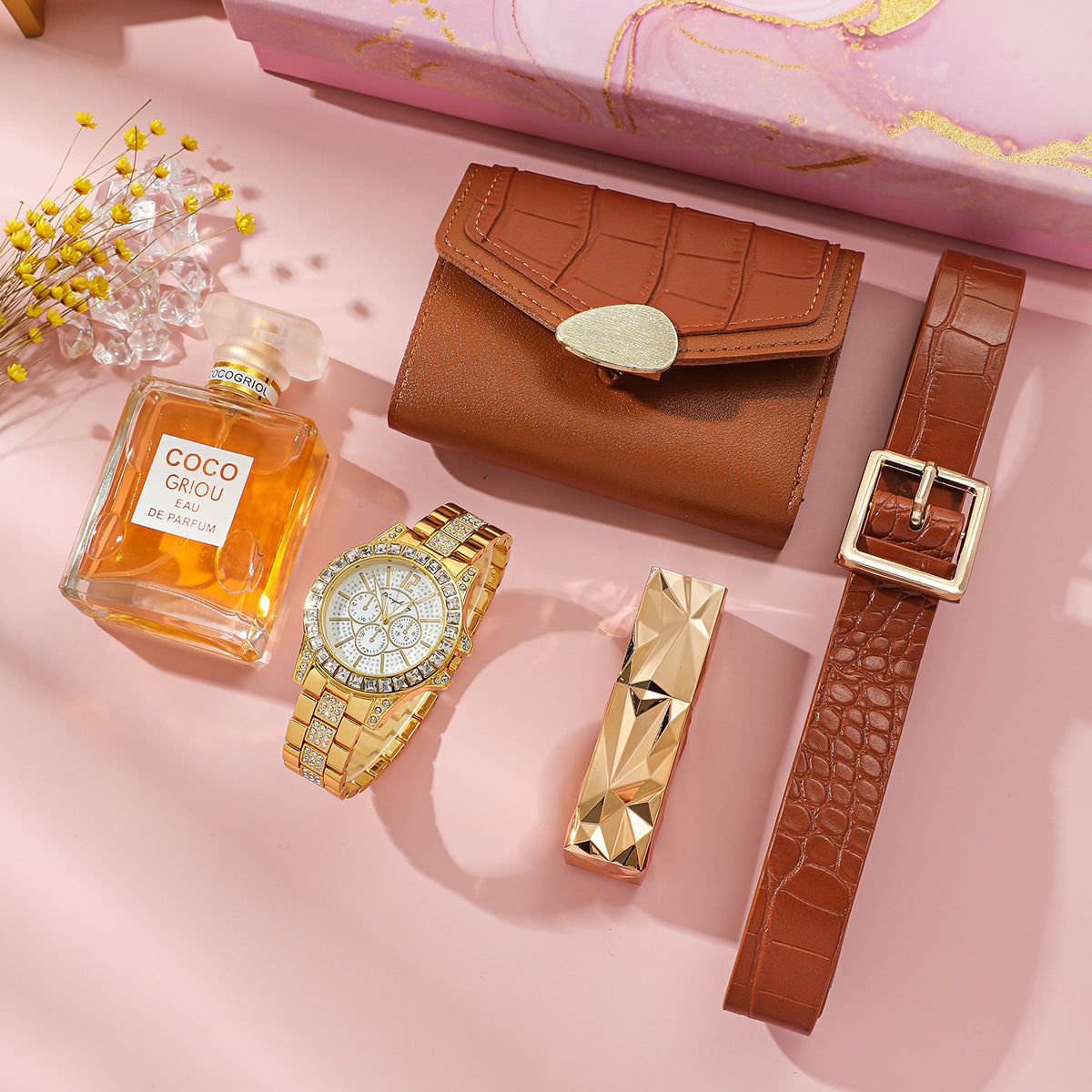 Ultimate 5-Piece Beauty Gift Box: Watch + Perfume + Lipstick + Wallet + Belt