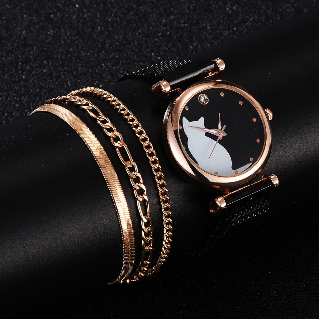 Cute Cat Quartz Watch: 34mm Magnetic Mesh Strap | 10mm Slim | Ladies Gift Set