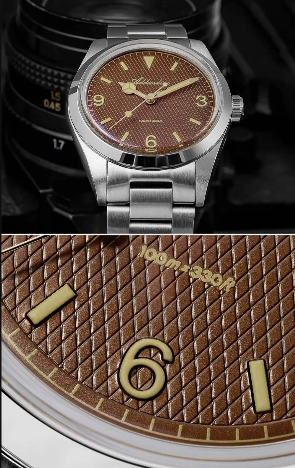 36mm Vintage Explorer Style Watch: Sweep Second Quartz | 100M Waterproof | K1 Bubble Glass