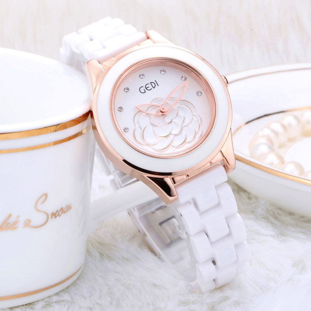 Luxury Ceramic Ladies Watch: 36mm Crystal Bezel | High-Gloss Bracelet | Butterfly Clasp
