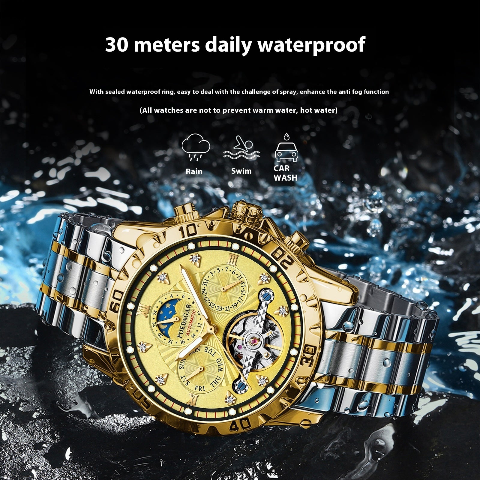 Men's Gold Skeleton Automatic Watch | Open Heart & Day-Date Complications