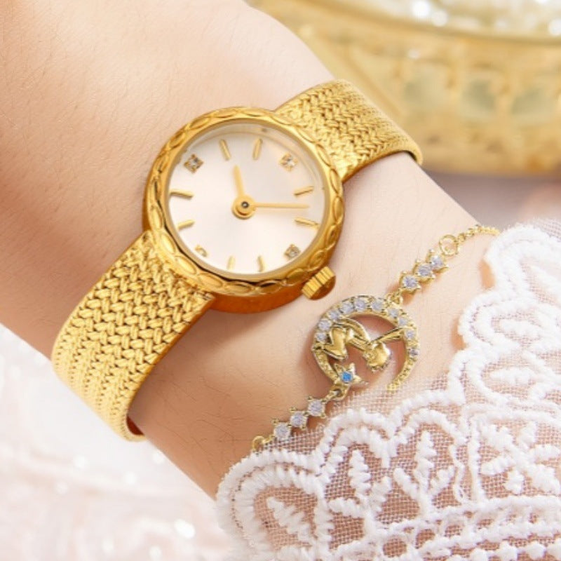 Retro Copper Mesh Womens Versatile Vintage-style Mini Gold Watch