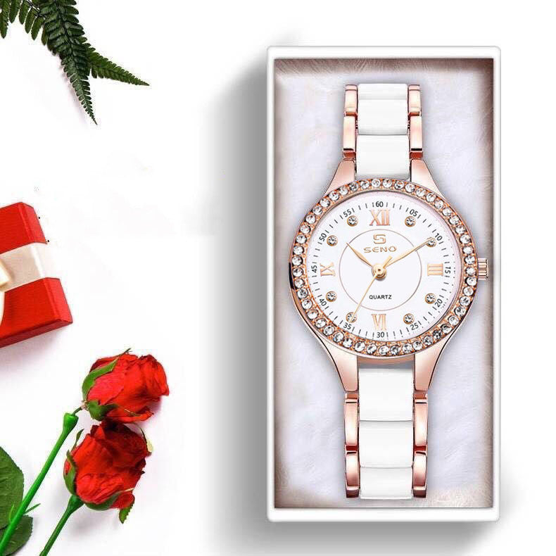 Luxury Ceramic-Style Link Watch: 30mm Elegant Dial | 9mm Slim | Jewelry Clasp