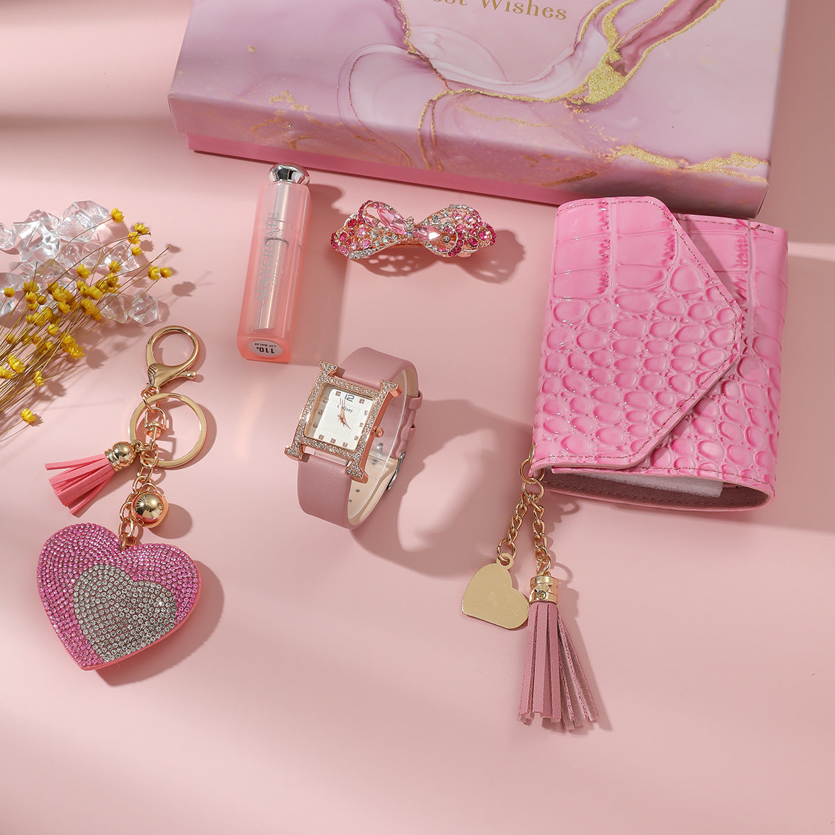 Luxury 5-Piece Gift Box: Watch + Wallet + Mirror + Key Chain + Brooch Set