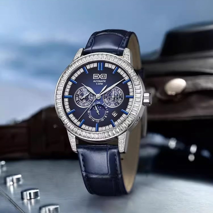 Men's Tonneau Skeleton Watch – 43mm x 52mm Barrel Case with 10mm Slim Profile (Blue)