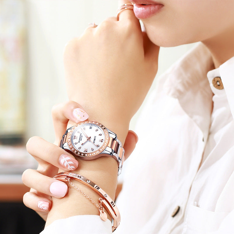 Ladies Titanium Mechanical Watch: 33mm Ceramic Strap | Diamond Bezel | Skeleton Dial