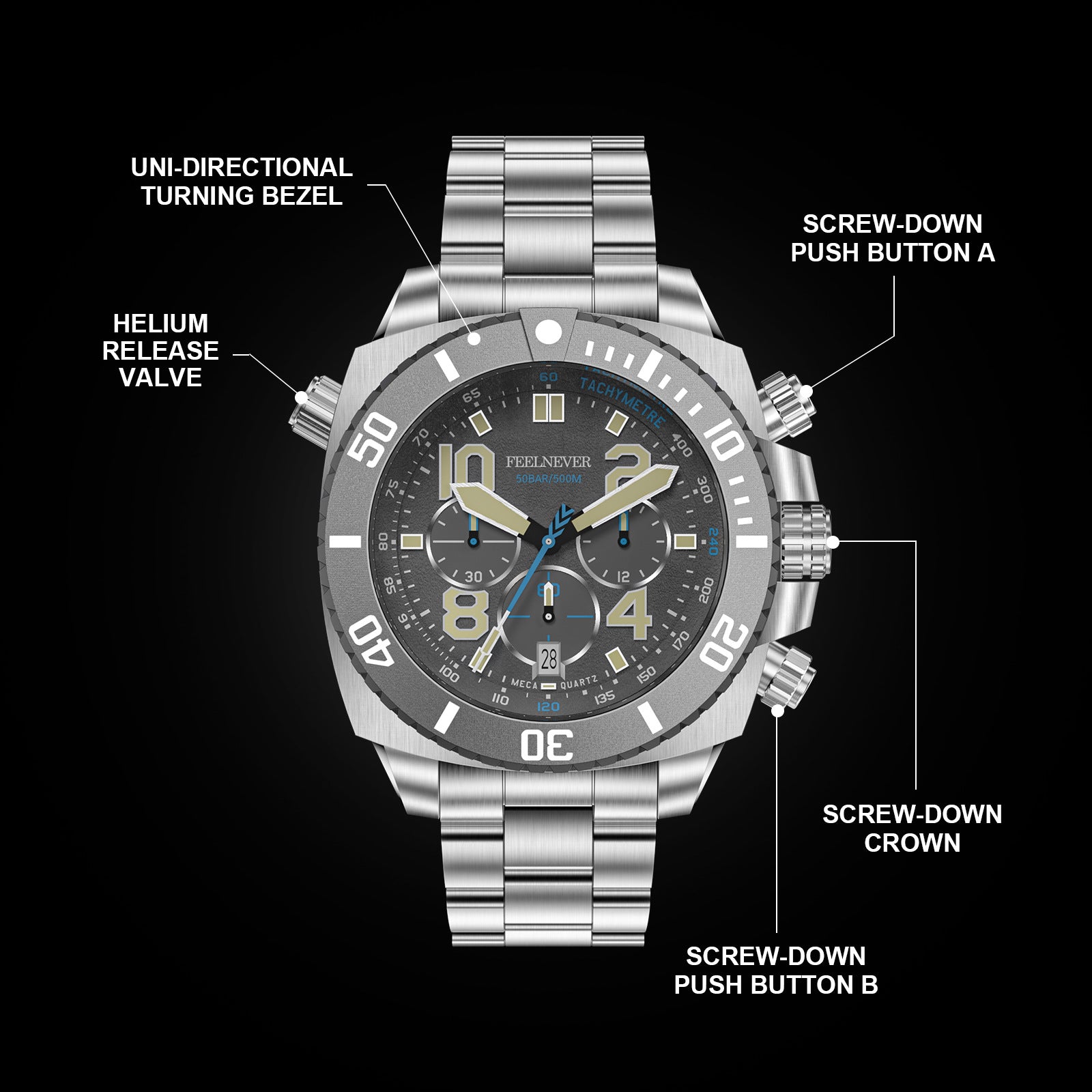 Men's 48mm "Deep Dive" Chronograph: 500M Waterproof | Meca-Quartz | Sapphire